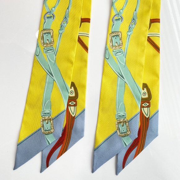 HERMES SILK YELLOW BEIGE BROWN BLUE Bandeau TWILLY WRAP - Picture 9 of 16